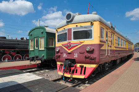 Moscow, Russia - June 23, 2016: Museum of Railway Transport of the Moscow railway, electric train ER 22-38, series DC electric Riga Carriage Works, produced from 1964 -1976 yearsのeditorial素材