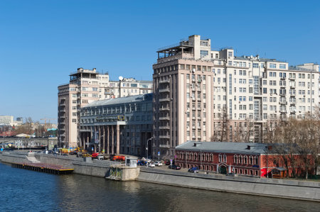 Moscow, Russia - April 12, 2016: A view of the Moscow State Estrada Theatre, the former First House of Soviets, Bersenevskaya embankment, 20/2, built in 1927-1931 yearsのeditorial素材