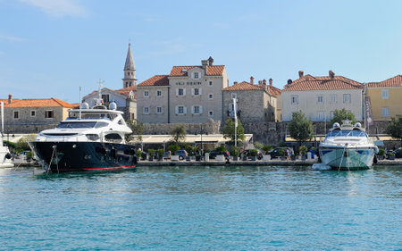 Montenegro, Budva - 08 August, 2017: Budva Riviera, view of the Old Town and the quay with a marina, landmark, tourist centerのeditorial素材