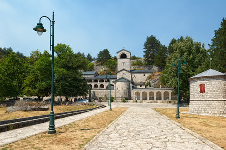 Montenegro, Cetinje - August 10, 2017: View of the Cetinan Orthodox Monastery of the Nativity of the Blessed Virgin, founded in 1484 by Ivan Chernovich, landmarkのeditorial素材