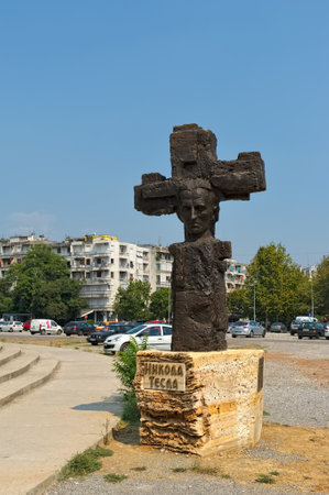 Montenegro, Podgorica - August 10, 2017: Monument to Nikola Tesla near the Cathedral of the Resurrection of Christのeditorial素材