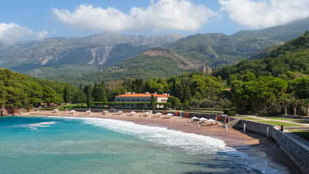 Montenegro, Przno - August 12, 2017: View of the beaches and four-star hotel Kraljicina Plaza near the island of Sveti Stefanのeditorial素材