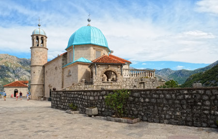 Montenegro, Perast - August 13, 2017: Temple of the Mother of God on the Reef in located on the man-made island in the Bay of Kotor, 1630のeditorial素材