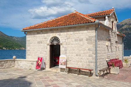 Montenegro, Perast - August 13, 2017: View of the souvenir shop on the man-made island Our Lady of the Rocksのeditorial素材