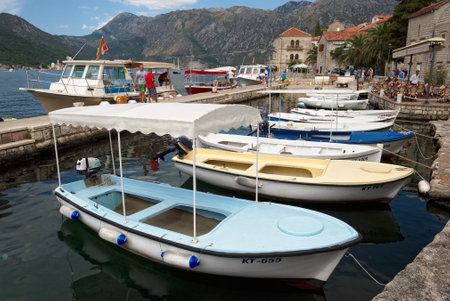Montenegro, Perast - August 13, 2017: View of the parking lot of boats and a marina for pleasure boats in Perastのeditorial素材