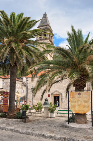 Montenegro, Perast - August 13, 2017: View of the main temple of Perast of the Saint Nikola Church, built on the main square in 1616, landmarkのeditorial素材