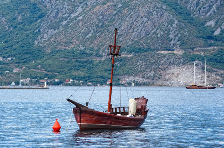 Montenegro, Perast - August 13, 2017: View of a pleasure boat in the form of an old ship in Boka-Kotorska bayのeditorial素材