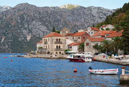 Montenegro, Perast - August 13, 2017: Picturesque view of the city of Perast on the shore of the Boka-Kotorska bayのeditorial素材