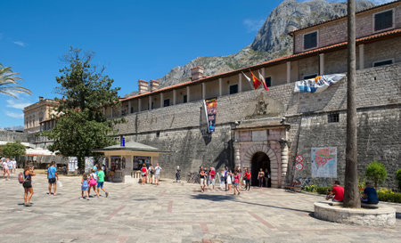 Montenegro, Kotor - August 13, 2017: View of the Western (Sea) gate of the Old City, UNESCO World Heritage Site, 16th centuryのeditorial素材