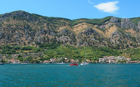 Montenegro, Kotor - August 13, 2017: Landscape of the Bay of Kotor (Boka Kotorska) of  in Montenegro, the largest on the Adriatic Seaのeditorial素材