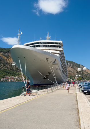 Montenegro, Kotor - August 13, 2017: View of the cruise ocean liner Silver Muse at the pier of the city of Kotorのeditorial素材