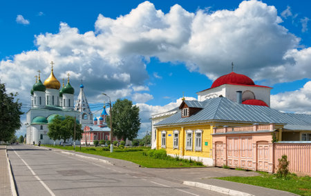 Kolomna, Russia - June 9, 2018: Kremlin of Kolomna, Lazareva street, view of the Orthodox Sunday School and Assumption Cathedralのeditorial素材