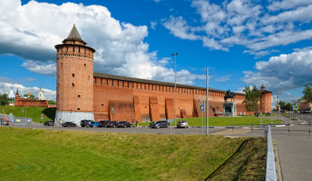 Kolomna, Russia - June 9, 2018: View of the ancient walls of the Kolomna Kremlin (1525-1531), tourist center, landmarkのeditorial素材