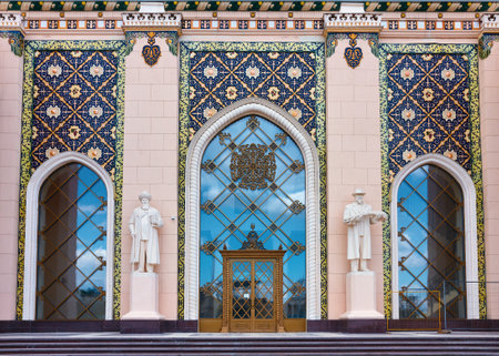 Architectural details and ethnic ornament decorating the entrance to the pavilion Republic of Kazakhstan, Exhibition of Economic Achievements, landmark: Moscow, Russia - May 07, 2021のeditorial素材