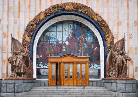 Architectural details of the arch of the main entrance to pavilion N58, former Agriculture pavilion, VDNKh, attraction: Moscow, Russia - May 07, 2021のeditorial素材