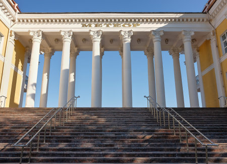 View of the staircase entrance to the Meteor municipal sports stadium in Zhukovsky: Zhukovsky, Russia - July 11, 2021のeditorial素材