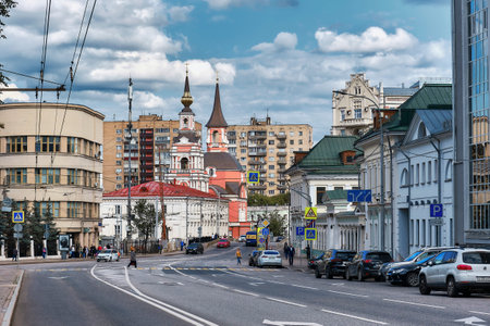 Novaya Basmannaya Street, view of the Church of the Holy Apostles Peter and Paul in Basmannaya Sloboda, 1705-1728, landmark: Moscow, Russia - 23 August, 2021のeditorial素材