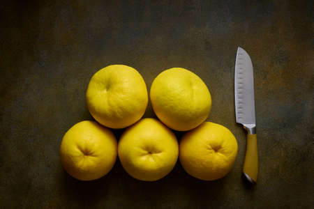 5 large yellow ripe Sweetie or Pomelite and chefs knife on dark background, top view, close-upの写真素材