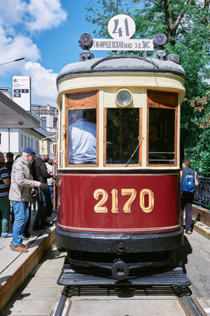 Retro streetcar KM 2170 at the Retro Transport Run, built in 1930, landmark: Moscow, Russia - June 04, 2022のeditorial素材