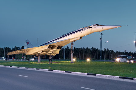 View of the Tu-144 aircraft in the evening, a monument in the city of Zhukovsky in memory of the achievements of the domestic aviation industry of the 20th century: Zhukovsky, Russia - May 22, 2022のeditorial素材