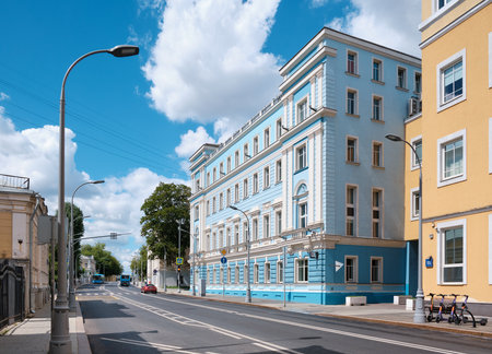 Beautiful six story building in blue, built in 1841, on Nikoloyamskaya street, attraction: Moscow, Russia - July 29, 2022のeditorial素材
