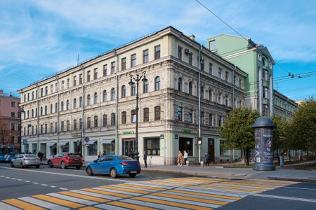 Crossroads of Nevsky Prospekt and Telezhny Pereulok, view of the former profitable house now an apartment building built in 1880, cityscape: St. Petersburg, Russia - October 08, 2022のeditorial素材