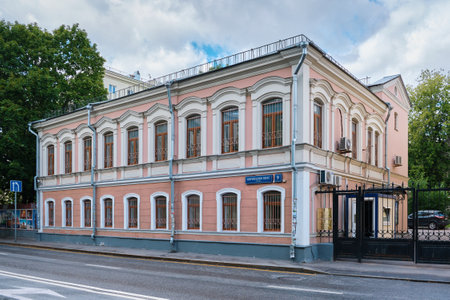 An outbuilding of a 19th century city manor, currently housing the Embassy of India in Moscow, landmark: Moscow, Russia - July 29, 2022のeditorial素材