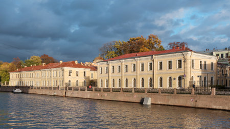 The Educational House at the Pedagogical University named after AI Herzen, built in the style of Classicism in 1839-1843, embankment of the Moika River, landmark: St. Petersburg, Russia - 07 October, 2022のeditorial素材