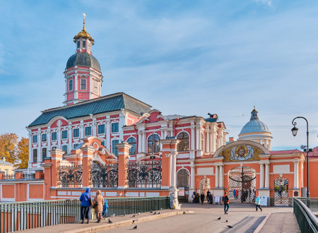 View from the bridge of the Church of the Annunciation of the Blessed Virgin Mary and the Holy Prince Alexander Nevsky, 1717-1724, and the gate to the Alexander Nevsky Lavra: Saint Petersburg, Russia - October 08, 2022のeditorial素材