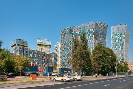 View of the modern colorful towers of the Sky House residential complex on Mytnaya street,...