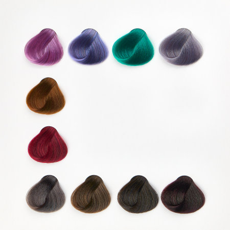 Professional pallet with hair dye samples close up, space for textの写真素材