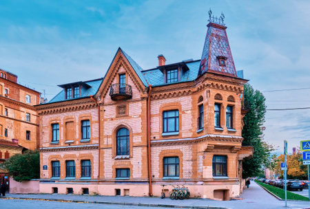Moyka River Embankment, view of the former brick house of architect WA Schreter, built in the Art Nouveau style in 1890-1891, landmark: St. Petersburg, Russia - October 08, 2022のeditorial素材