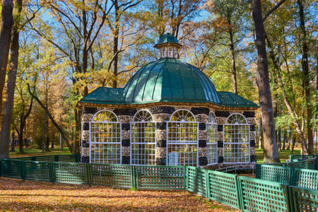 The wooden pavilion Aviary in the lower garden of Peterhof, 1721-1722, architect Nicolo Miketti, painter Louis Caravac, landmark: Peterhof, Russia - 09 October, 2022のeditorial素材