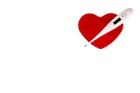 Electronic thermometer and red heart isolated on white background with copy space for your text....