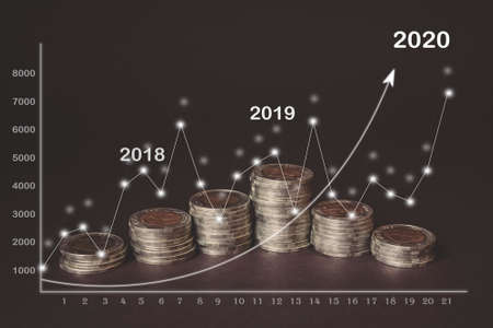 Financial stock market graph and rows of coins growth, virtual hologram of statistics, abstract and...