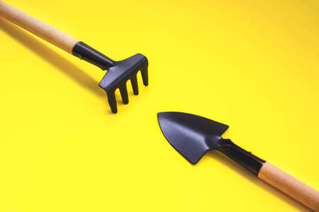 Miniature gardening tools on yellow background. concept of global warming. Top View Gardening Spring or Summer Concept. Zero waste. Close-Upの写真素材