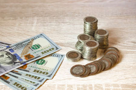 Coins Stack, calculator, virtual hologram stat, graph Concept of money saving, financial. Savings...