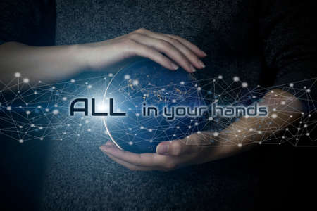 Save the world energy campaign. Planet earth on human hands show energy consumption of humanity at...