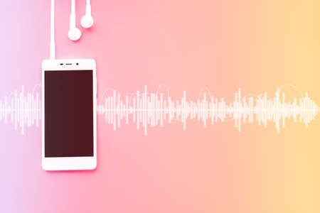 Modern cell White phone and headphones template on gradient background with Audio track. Music...