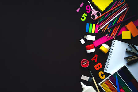 Set of white stationery elements on vintage black background. Branding template Photo of blank stationery. Mock-up for your designの写真素材