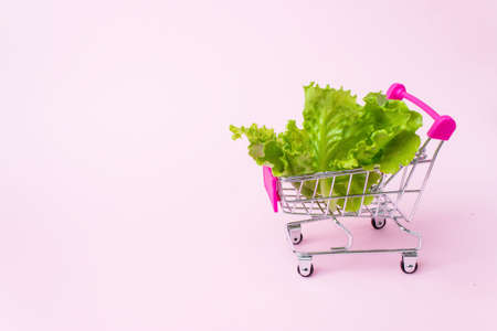 Little shopping cart with salad leaves on a pink paper background Shopping, purchases, supermarket, sale, mall concept. Grocery supermarket, food and eats online buying and delivery conceptの写真素材