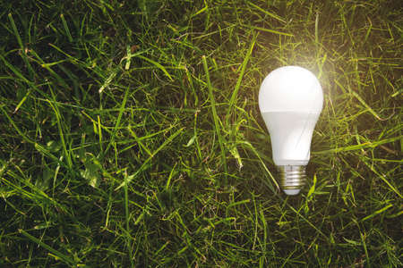 Eco concept - Energy saving LED bulb with lighting in the green nature background and area for copy...