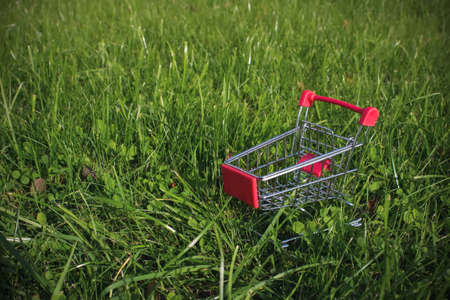 Mini trolley cart on green grass background. Copy space, Shopping, sales and marketing conceptの写真素材