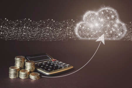 Coins Stack and calculator on brown background with low poly cloud. Concept of money saving,...