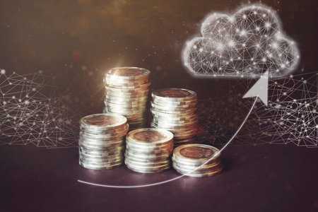 Money coin on each line rising on dark background and virtual gologram of cloud. Business saving money concept for finance accounting. Business or information technologistの写真素材