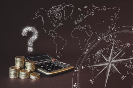 Coins Stack and calculator and virtual gologram of question mark and world map. Concept of business world, Savings money and income Investment ideasの写真素材
