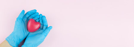 Doctor hands with blue medical gloves holding red heart, medical insurance concept. Symbol of the heart in the hands of a doctor on pink backgroundの写真素材