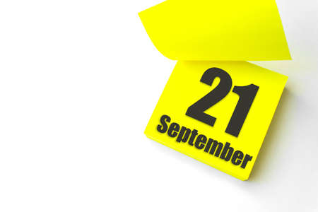September 21st. Day 21 of month, Calendar date. Close-Up Blank Yellow paper reminder sticky note on White Background. Autumn month, day of the year conceptの写真素材