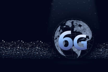 Low poly network hologram 6G, earth with digital line on dark blue background. The concept of 6G network, high-speed mobile Internetの写真素材