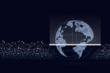 Close up of scanning digital globe on dark blue background. Energy and ecology concept, Technologies...